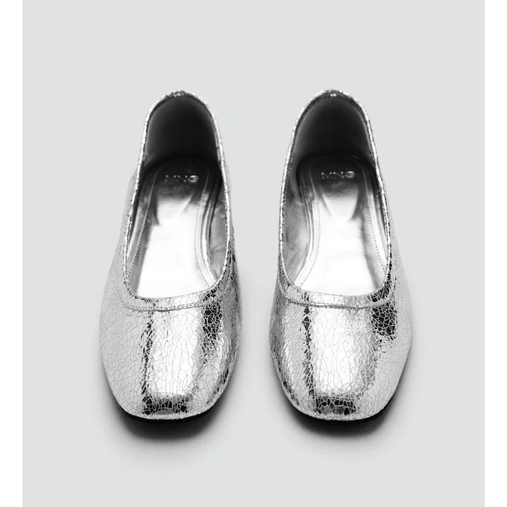 Mango MNG Silver Metallic Crackle Ballet Pumps Block Heel EU 36 US 6